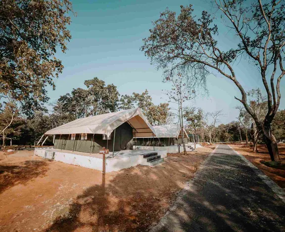 Safari tent with a private deck among the forest trees at Palash Jungle Resort
