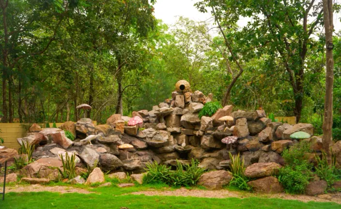 Rock-garden fountain at Palash Jungle Resort