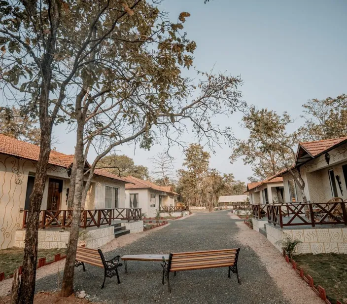 Pathway with benches between the woodland cottages at Palash Jungle Resort