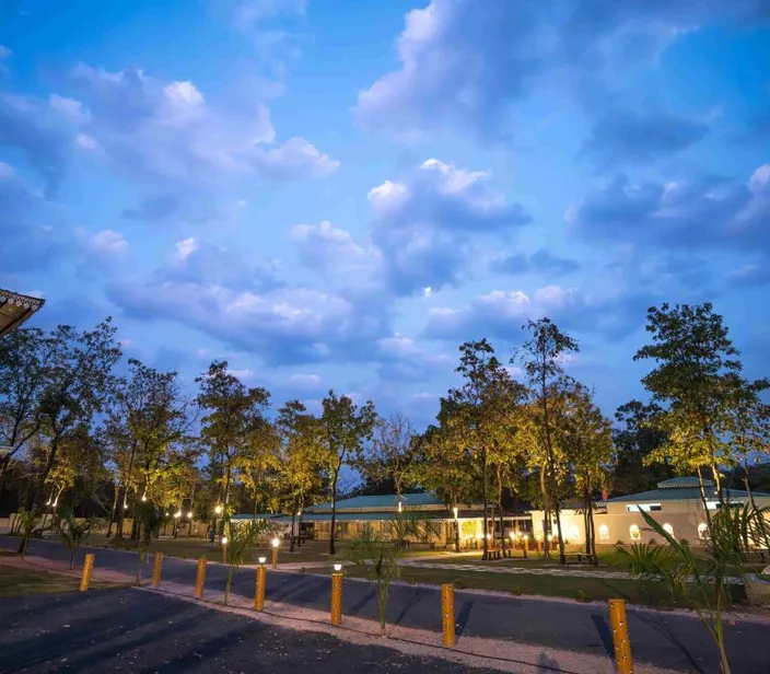 Cottages and lawn at dusk at Palash Jungle Resort