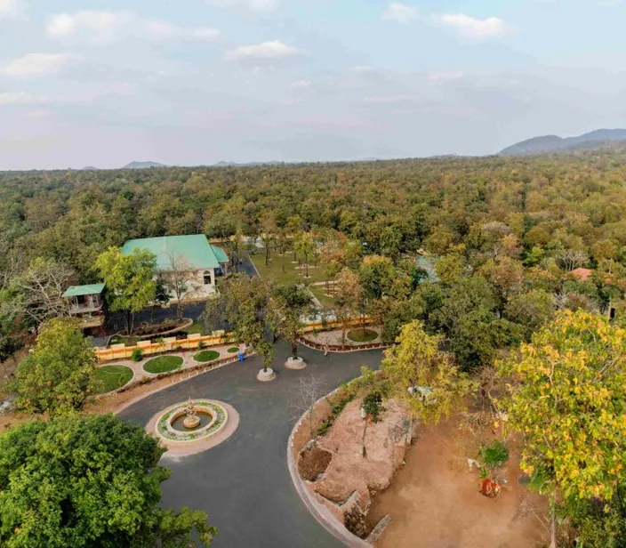 Aerial view of the resort driveway and cottages at Palash Jungle Resort