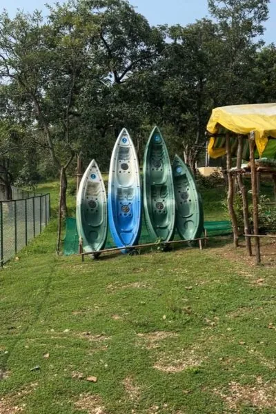 Kayaks standing on the lawn, ready for boating