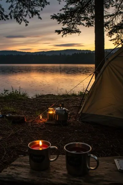 Tent and lantern beside the lake