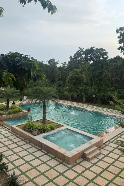 Swimming pool surrounded by trees at Palash Jungle Resort